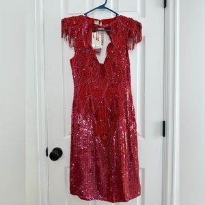 Vintage GUNIT Size M 100% Silk Beads Red Performance Dress Sequins Cutout India